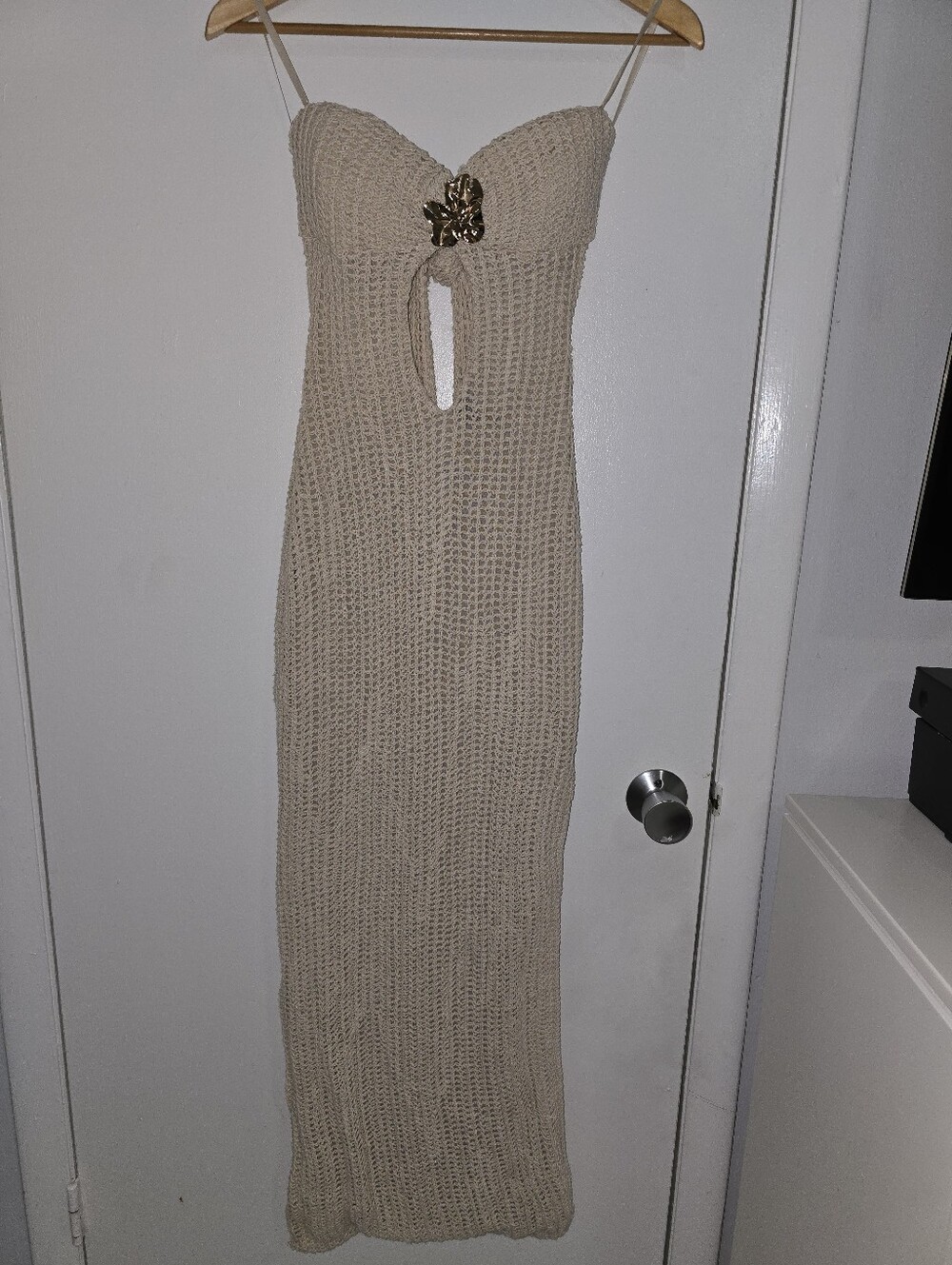 Beige Crochet Maxi Dress with Front Cutout